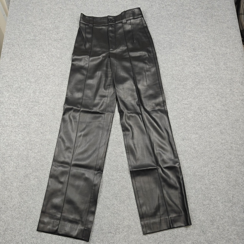 Zara Pants Womens XS Black Faux Leather Straight Leg Lined‎ Dress Trousers Work